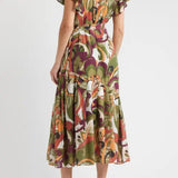 Nythia Printed Flutter Midi Dress Green Multi