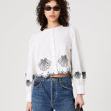 Cambria Cotton Embroidered Long Sleeve Linen White Navy