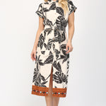 Tropical Linen Blended Standard Collar Midi Dress Taupe Multi