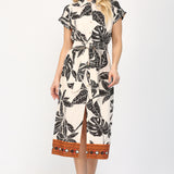 Tropical Linen Blended Standard Collar Midi Dress Taupe Multi