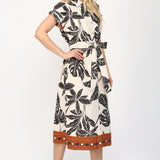 Tropical Linen Blended Standard Collar Midi Dress Taupe Multi
