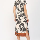 Tropical Linen Blended Standard Collar Midi Dress Taupe Multi