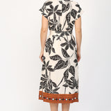 Tropical Linen Blended Standard Collar Midi Dress Taupe Multi