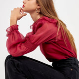 Organza Mixed Smocked Detail Long Sleeve Top