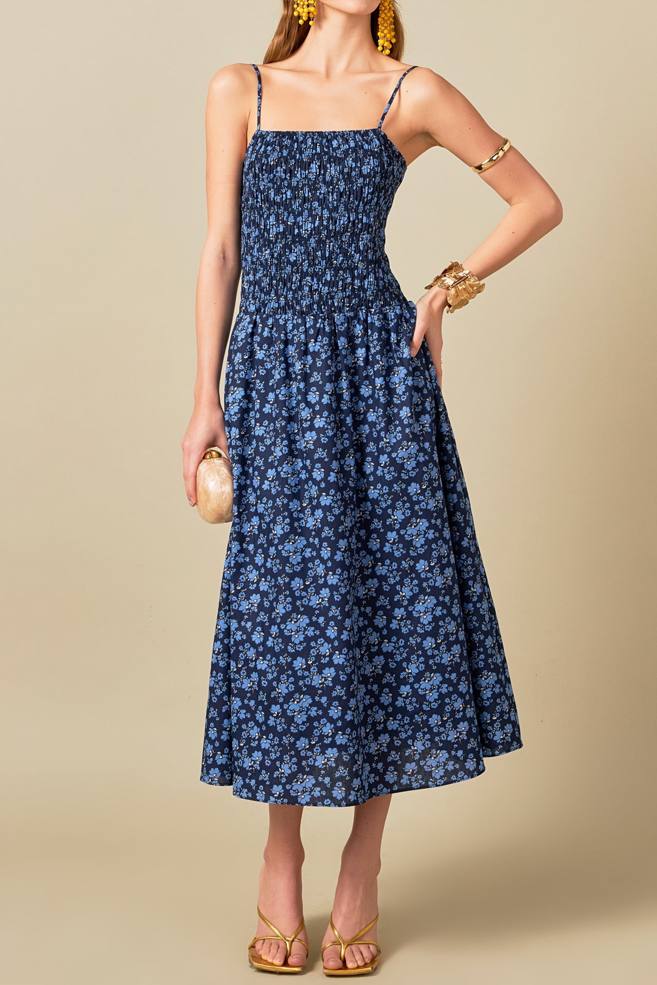 printed smocked midi dress Baltic Born Womens Cruz Smocked Midi Dress | Multi Print