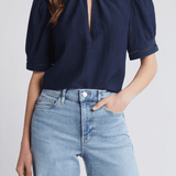 FRAME Ruffle Collar Inset Lace Top Navy