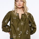 Liliane 3/4" Bubble Sleeve Buttondown Top Olive
