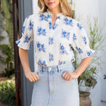 Blue and White Floral Short Sleeve Blouse