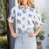 Blue and White Floral Short Sleeve Blouse