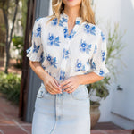 Blue and White Floral Short Sleeve Blouse