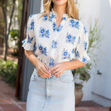 Blue and White Floral Short Sleeve Blouse