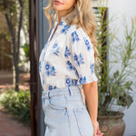 Blue and White Floral Short Sleeve Blouse