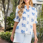 Blue and White Floral Short Sleeve Blouse
