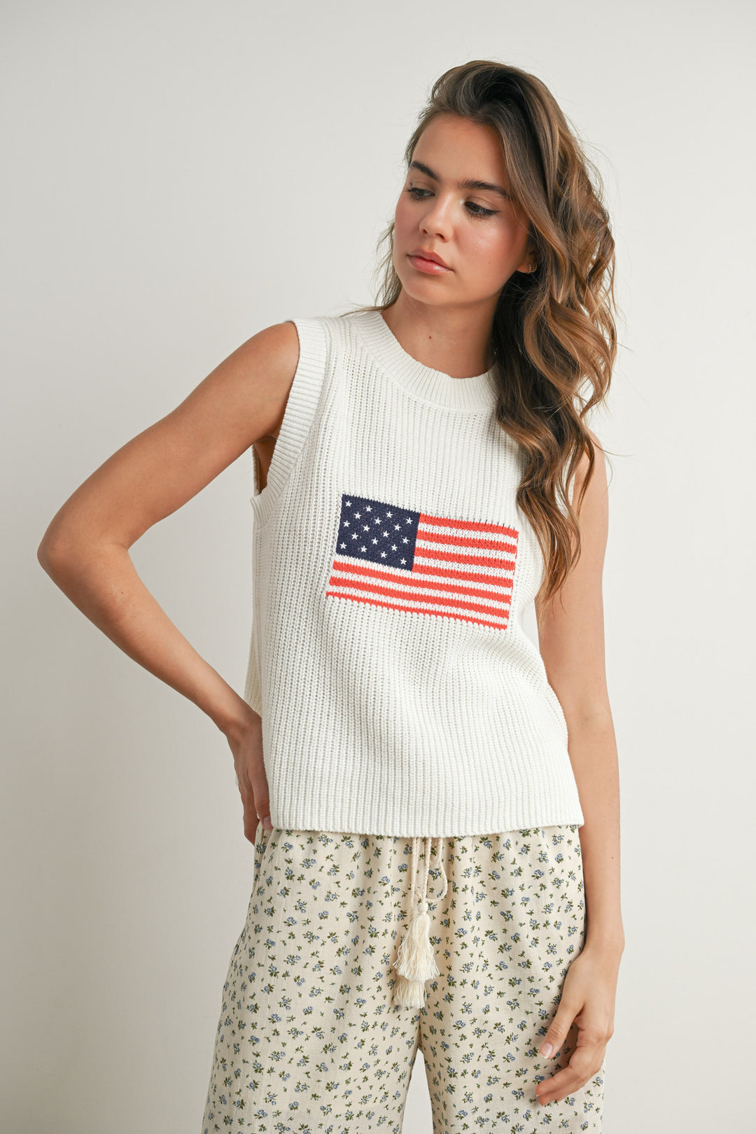 Flag Printed Knit Sweater Tank Ivory Multi
