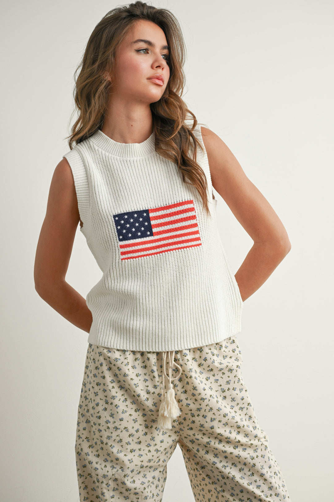 Flag Printed Knit Sweater Tank Ivory Multi