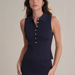 Nikki Johnny Collar Solid Tank Dark Blue