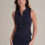 Nikki Johnny Collar Solid Tank Dark Blue