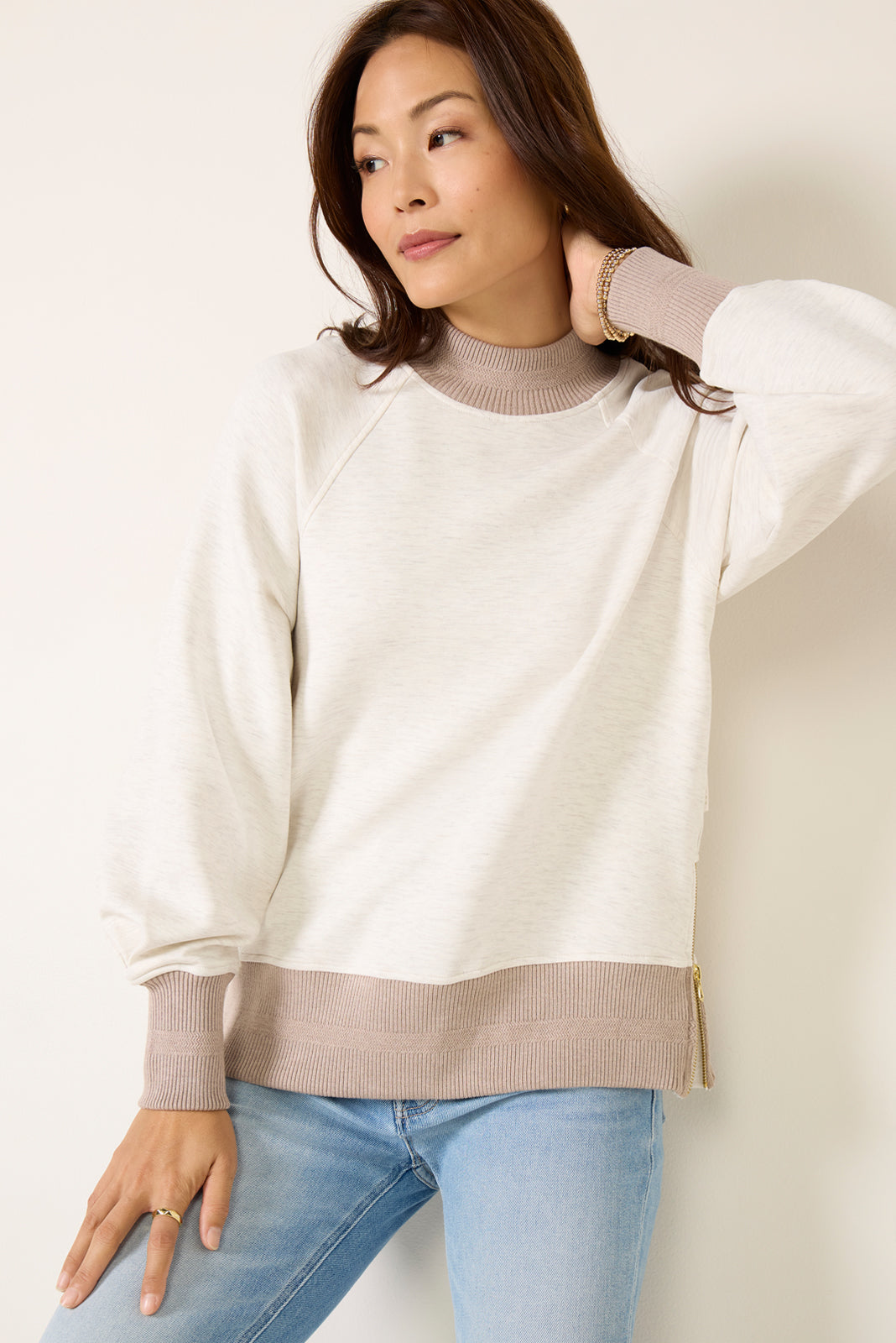 Loxley Raglan Boyfriend Sweat Ivory Marl/Taupe Marl