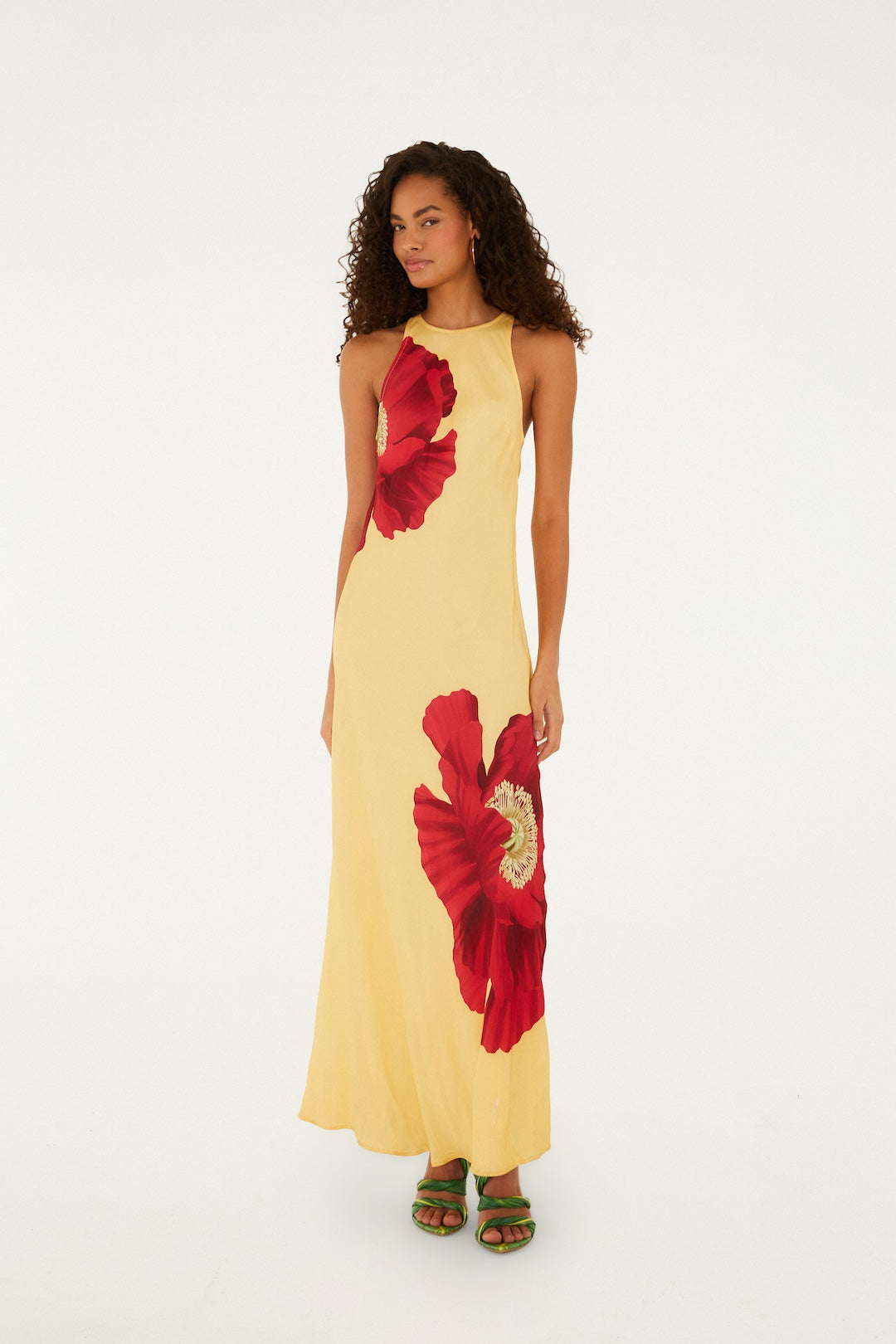 POPPY FLOWERS LIGHT YELLOW SLEVELESS MAXI DRESS