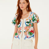 GARDEN OF LIFE SCARF OFF-WHITE SHORT SLEEVE BLOUSE