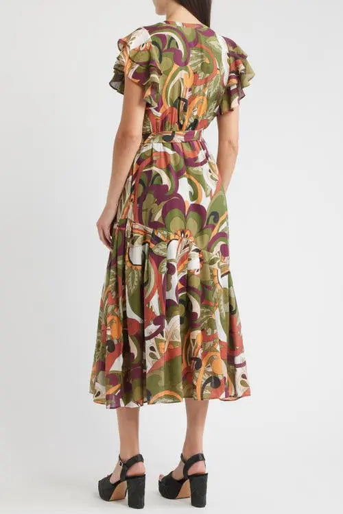 Nythia Printed Flutter Midi Dress Green Multi