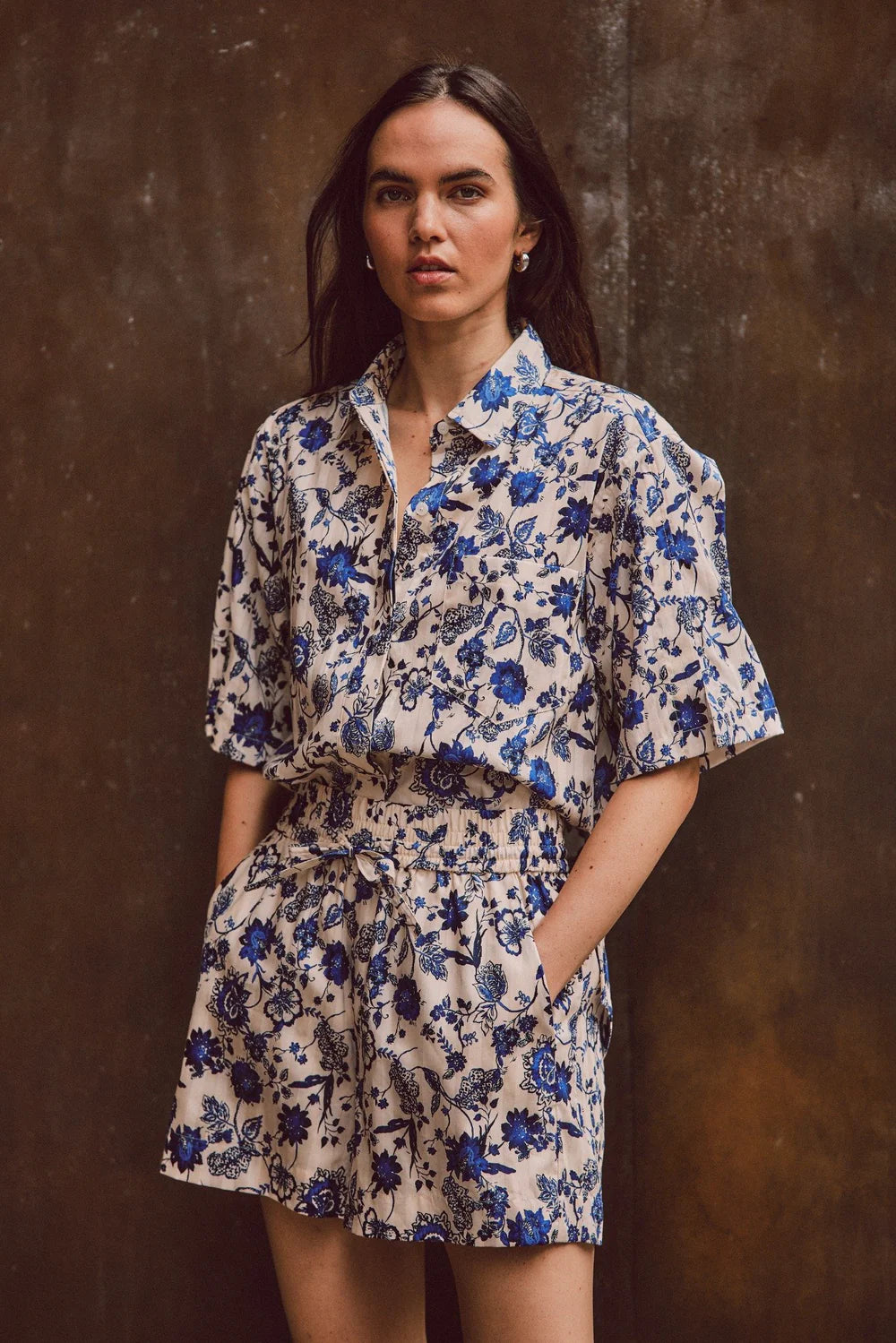 Belen Printed Satin Stripe Pull On Short French Blue Multi