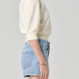 Pleated Short Sleeve Crew Cream
