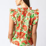 Natural Red Floral Flutter Top