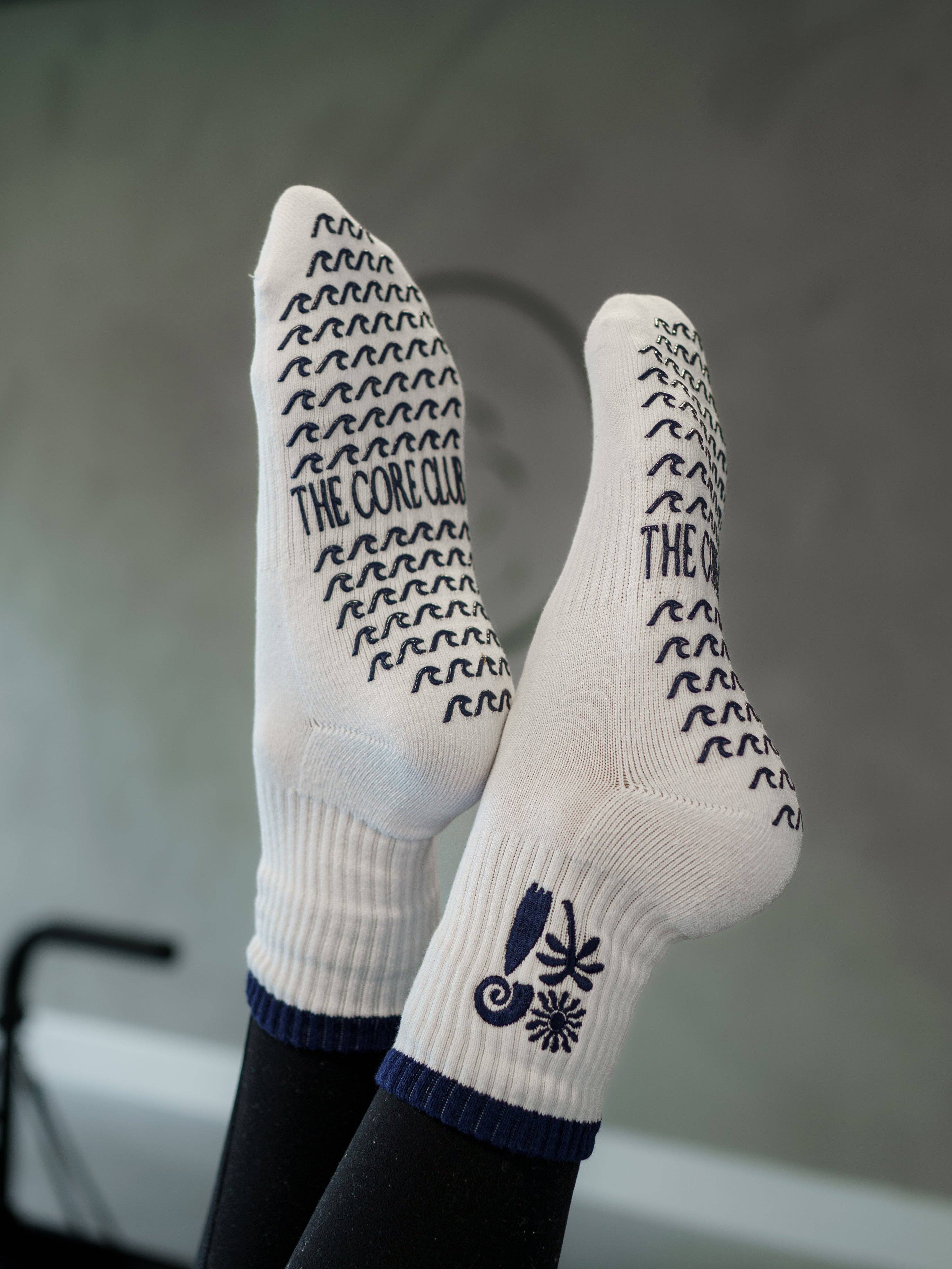 TCC Navy Wave, Surfboard, Palm, Sun | Pilates & Barre Grippy Socks