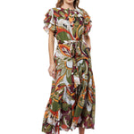 Nythia Printed Flutter Midi Dress Green Multi