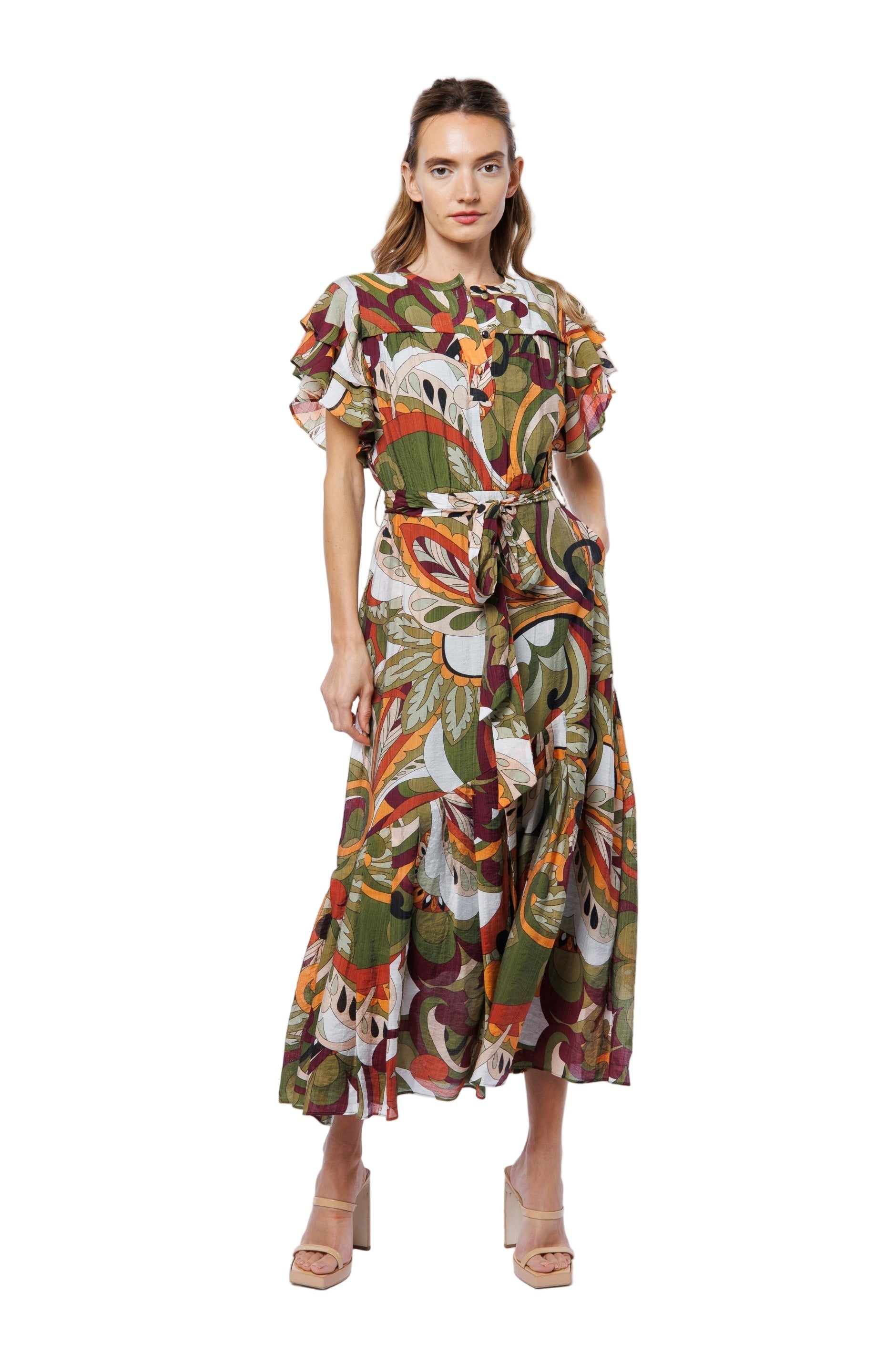 Nythia Printed Flutter Midi Dress Green Multi