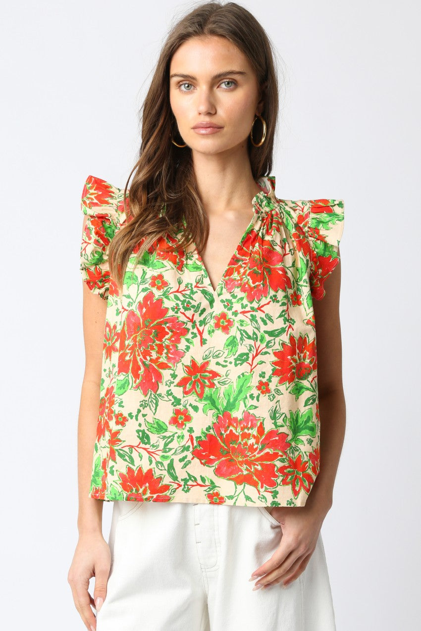 Natural Red Floral Flutter Top