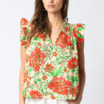 Natural Red Floral Flutter Top