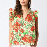 Natural Red Floral Flutter Top