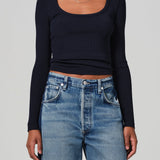 Rumi Scoop Neck Ribbed Tee Navy