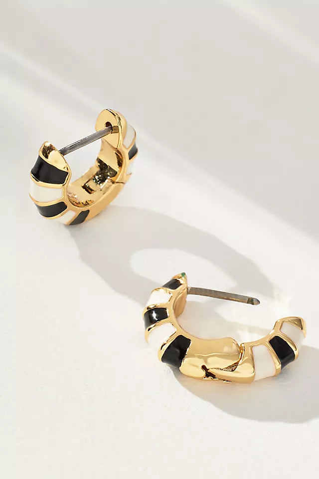 Enamel Stripe Huggie Earrings Black & Cream Stripe