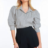 Cate Ruched Sleeve Top Blue Stripe
