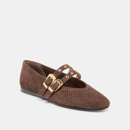 Baylee Grommet Ballet Flats Dark Brown Perforated Suede