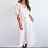 Never a Wallflower Gathered V-Neck Dress Ivory Corduroy