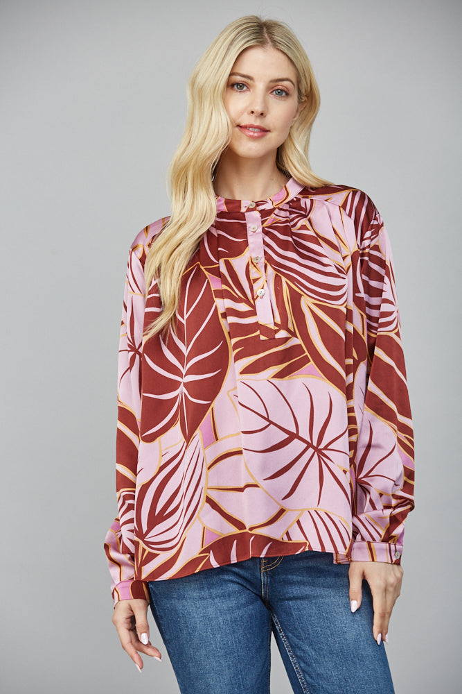 Pintuck Detail Half Button Placket Blouse Lilac and Brown