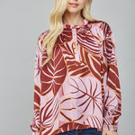 Pintuck Detail Half Button Placket Blouse Lilac and Brown