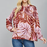 Pintuck Detail Half Button Placket Blouse Lilac and Brown