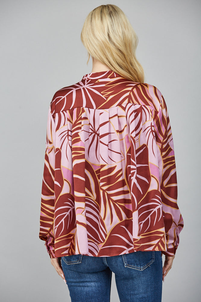 Pintuck Detail Half Button Placket Blouse Lilac and Brown