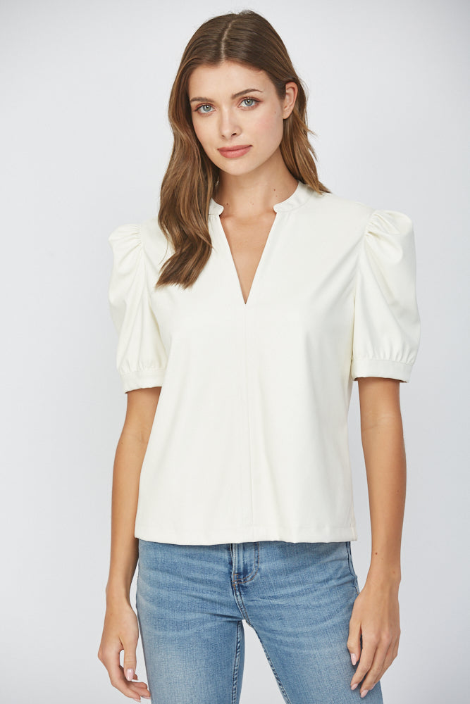 Split Neck Faux Leather Top  Cream