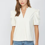 Split Neck Faux Leather Top  Cream