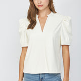 Split Neck Faux Leather Top  Cream