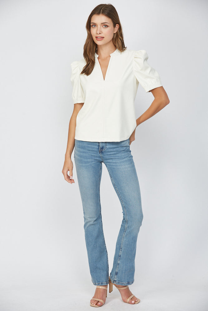 Split Neck Faux Leather Top  Cream