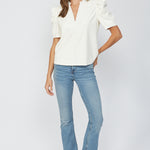 Split Neck Faux Leather Top  Cream