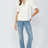 Split Neck Faux Leather Top  Cream