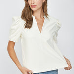 Split Neck Faux Leather Top  Cream